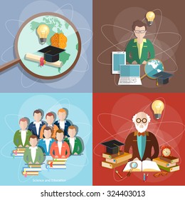 Education set professor teachers students diploma exam international study college university institute vector illustration  