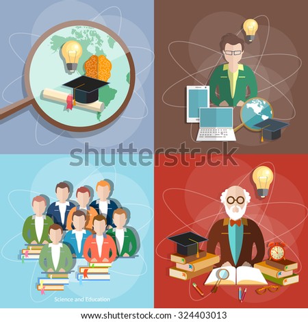 Education set professor teachers students diploma exam international study college university institute vector illustration  
