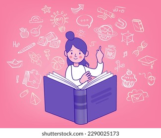 Education set with school equipment outline. Online education concept. Cartoon children playing. Welcome back to school. Cute school kids. Flat design pattern with child.