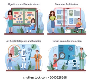 IT education set. Students learning about algorithms, ai and computers, scripts and data structure. Computer science and technology for websites and devices interface. Flat vector illustration.