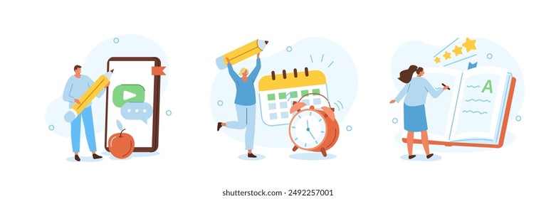 Education set. Students preparing to start a new academic year and studying various subjects with book and online on educational platform. Vector illustration.
