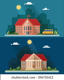 Education set. University and school, high. Construction of a public institution. Flat style vector illustration