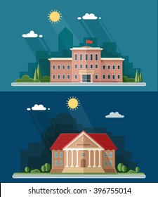 Education set. University and school, high. Construction of a public institution. Flat style vector illustration