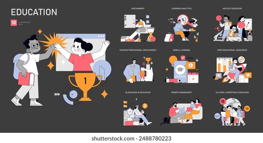 Education set. Varied learning concepts including analytics, holistic approaches, and technology integration. Diverse educational themes and modern teaching methods. Vector illustration.