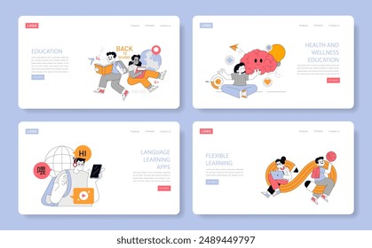 Education set. Varied learning concepts from academic to health and languages. Engaging students in diverse educational settings. Vector illustration.