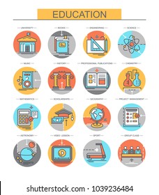 Education. Set of vector, flat icons. Seth contains such icons, university, professional publication and others. Concept.