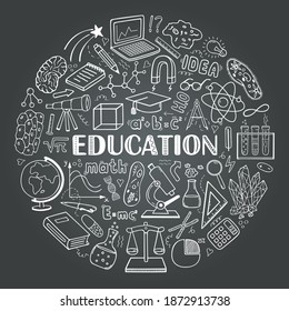 Education. Set of vector hand drawn doodle style elements. Round concept of education and science items on the school board.