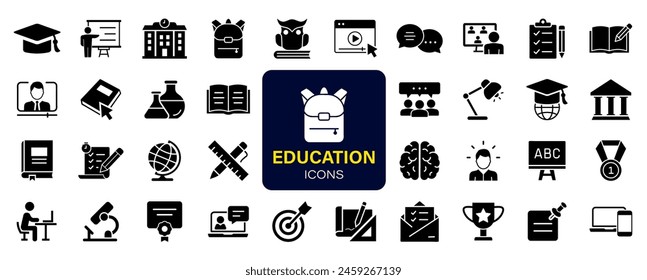 Education set of web icons. Learning icons for web and mobile app. E-learning, video tutorial, knowledge, study, school, university, webinar, online education. Solid vector icons collection