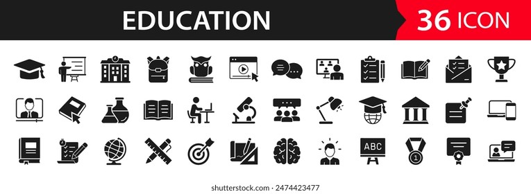 Conjunto de Educaciones de iconos web. Iconos de aprendizaje para Web y App móvil. Video e-learning, Iconos de vector sólido colección