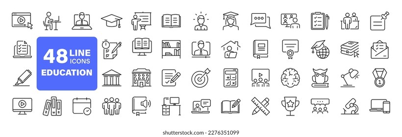 Education set web icons in line style  Learning icons for web   mobile app  E  learning  video tutorial  knowledge  study  school  university  webinar  online education  Vector illustration