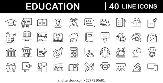 Education set of web icons in line style. Learning icons for web and mobile app. E-learning, video tutorial, knowledge, study, school, university, webinar, online education. Vector illustration