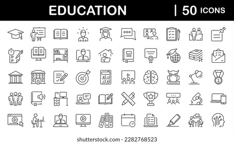 Education set of web icons in line style. Learning icons for web and mobile app. E-learning, video tutorial, knowledge, study, school, university, webinar, online education. Vector illustration