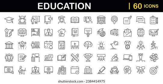 Education set of web icons in line style. Learning icons for web and mobile app. E-learning, video tutorial, knowledge, study, school, university, webinar, online education. Vector illustration