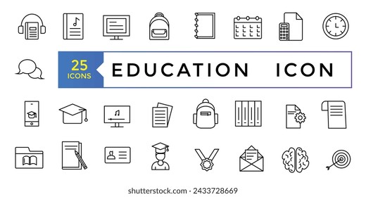 Conjunto educativo de iconos web en estilo de línea. Iconos de aprendizaje para web y aplicación móvil. Estudio, escuela, universidad, webinar, educación en línea.
