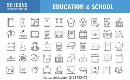 Education set of web icons in line style. Learning icons for web and mobile app. E-learning, video tutorial, knowledge, study, school, university, webinar, online education. Vector illustration