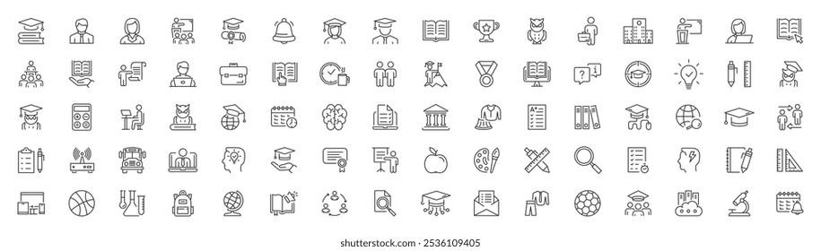 Education set of web icons in line style. Editable stroke. Learning icons formobile app and web. School subjects, supplies, science, and online learning. Knowledge, college, teacher, institute.