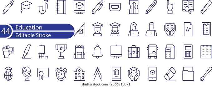 Education set of web icons in line style. Learning icons for web and mobile app. E-learning, video tutorial, knowledge, study, school, university, webinar, online education.