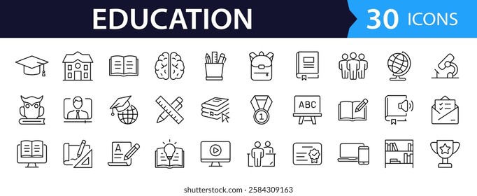 Education set of web icons in line style. Learning icons for web and mobile app. E-learning, video tutorial, knowledge, study, school, university, webinar, online education. Vector illustration