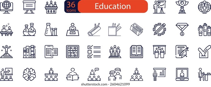 Education set of web icons in line style. Learning icons for web and mobile app. E-learning, video tutorial, knowledge, study, school, university, webinar, online education. 