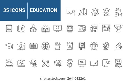 Conjunto educacional de ícones da Web em estilo de linha. Ícones de aprendizado para aplicativos móveis e da Web. E-learning, tutorial em vídeo, conhecimento, estudo, escola, universidade, webinar, educação on-line. Ilustração vetorial