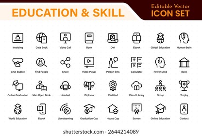 Education set of web icons in line style. Learning icons for web and mobile app. E-learning, video tutorial, knowledge, study, school, university, webinar, online education.