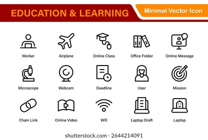 Conjunto educacional de ícones da Web em estilo de linha. Ícones de aprendizado para aplicativos móveis e da Web. E-learning, tutorial em vídeo, conhecimento, estudo, escola, universidade, webinar, educação on-line.