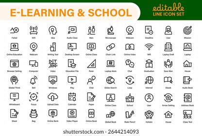 Education set of web icons in line style. Learning icons for web and mobile app. E-learning, video tutorial, knowledge, study, school, university, webinar, online education.