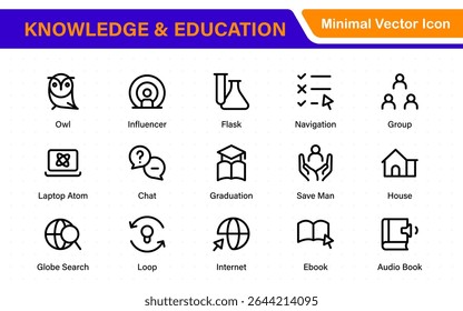 Conjunto educacional de ícones da Web em estilo de linha. Ícones de aprendizado para aplicativos móveis e da Web. E-learning, tutorial em vídeo, conhecimento, estudo, escola, universidade, webinar, educação on-line.