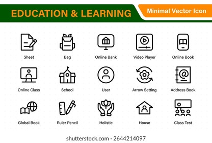 Education set of web icons in line style. Learning icons for web and mobile app. E-learning, video tutorial, knowledge, study, school, university, webinar, online education.