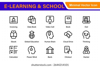 Conjunto educacional de ícones da Web em estilo de linha. Ícones de aprendizado para aplicativos móveis e da Web. E-learning, tutorial em vídeo, conhecimento, estudo, escola, universidade, webinar, educação on-line.