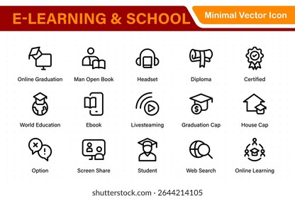 Conjunto educacional de ícones da Web em estilo de linha. Ícones de aprendizado para aplicativos móveis e da Web. E-learning, tutorial em vídeo, conhecimento, estudo, escola, universidade, webinar, educação on-line.