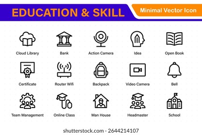 Conjunto educacional de ícones da Web em estilo de linha. Ícones de aprendizado para aplicativos móveis e da Web. E-learning, tutorial em vídeo, conhecimento, estudo, escola, universidade, webinar, educação on-line.