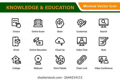 Conjunto educacional de ícones da Web em estilo de linha. Ícones de aprendizado para aplicativos móveis e da Web. E-learning, tutorial em vídeo, conhecimento, estudo, escola, universidade, webinar, educação on-line.