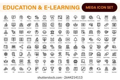 Education set of web icons in line style. Learning icons for web and mobile app. E-learning, video tutorial, knowledge, study, school, university, webinar, online education.