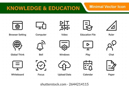 Conjunto educacional de ícones da Web em estilo de linha. Ícones de aprendizado para aplicativos móveis e da Web. E-learning, tutorial em vídeo, conhecimento, estudo, escola, universidade, webinar, educação on-line.