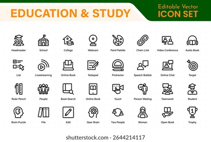 Conjunto educacional de ícones da Web em estilo de linha. Ícones de aprendizado para aplicativos móveis e da Web. E-learning, tutorial em vídeo, conhecimento, estudo, escola, universidade, webinar, educação on-line.