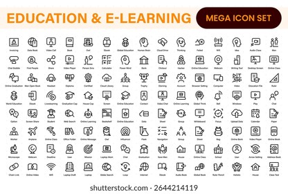 Conjunto educacional de ícones da Web em estilo de linha. Ícones de aprendizado para aplicativos móveis e da Web. E-learning, tutorial em vídeo, conhecimento, estudo, escola, universidade, webinar, educação on-line.