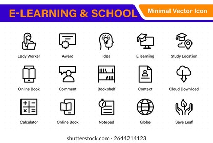 Conjunto educacional de ícones da Web em estilo de linha. Ícones de aprendizado para aplicativos móveis e da Web. E-learning, tutorial em vídeo, conhecimento, estudo, escola, universidade, webinar, educação on-line.