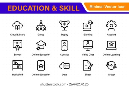 Conjunto educacional de ícones da Web em estilo de linha. Ícones de aprendizado para aplicativos móveis e da Web. E-learning, tutorial em vídeo, conhecimento, estudo, escola, universidade, webinar, educação on-line.