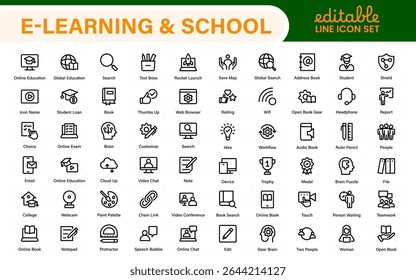 Conjunto educacional de ícones da Web em estilo de linha. Ícones de aprendizado para aplicativos móveis e da Web. E-learning, tutorial em vídeo, conhecimento, estudo, escola, universidade, webinar, educação on-line.