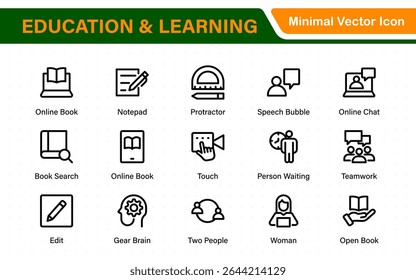 Conjunto educacional de ícones da Web em estilo de linha. Ícones de aprendizado para aplicativos móveis e da Web. E-learning, tutorial em vídeo, conhecimento, estudo, escola, universidade, webinar, educação on-line.