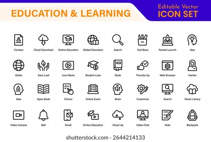 Education set of web icons in line style. Learning icons for web and mobile app. E-learning, video tutorial, knowledge, study, school, university, webinar, online education.