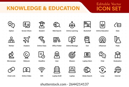 Conjunto educacional de ícones da Web em estilo de linha. Ícones de aprendizado para aplicativos móveis e da Web. E-learning, tutorial em vídeo, conhecimento, estudo, escola, universidade, webinar, educação on-line.