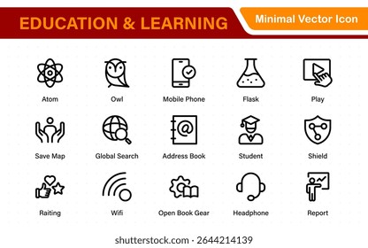 Conjunto educacional de ícones da Web em estilo de linha. Ícones de aprendizado para aplicativos móveis e da Web. E-learning, tutorial em vídeo, conhecimento, estudo, escola, universidade, webinar, educação on-line.