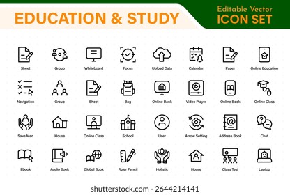 Conjunto educacional de ícones da Web em estilo de linha. Ícones de aprendizado para aplicativos móveis e da Web. E-learning, tutorial em vídeo, conhecimento, estudo, escola, universidade, webinar, educação on-line.