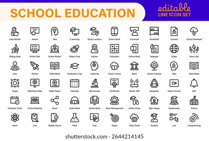 Conjunto educacional de ícones da Web em estilo de linha. Ícones de aprendizado para aplicativos móveis e da Web. E-learning, tutorial em vídeo, conhecimento, estudo, escola, universidade, webinar, educação on-line.