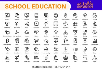 Education set of web icons in line style. Learning icons for web and mobile app. E-learning, video tutorial, knowledge, study, school, university, webinar, online education.
