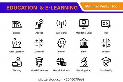 Conjunto educacional de ícones da Web em estilo de linha. Ícones de aprendizado para aplicativos móveis e da Web. E-learning, tutorial em vídeo, conhecimento, estudo, escola, universidade, webinar, educação on-line.