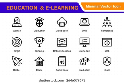 Conjunto educacional de ícones da Web em estilo de linha. Ícones de aprendizado para aplicativos móveis e da Web. E-learning, tutorial em vídeo, conhecimento, estudo, escola, universidade, webinar, educação on-line.