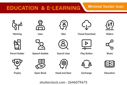 Conjunto educacional de ícones da Web em estilo de linha. Ícones de aprendizado para aplicativos móveis e da Web. E-learning, tutorial em vídeo, conhecimento, estudo, escola, universidade, webinar, educação on-line.